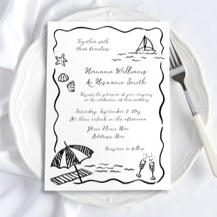 Invitación Mano de playa caprichosa Boda blanco negro