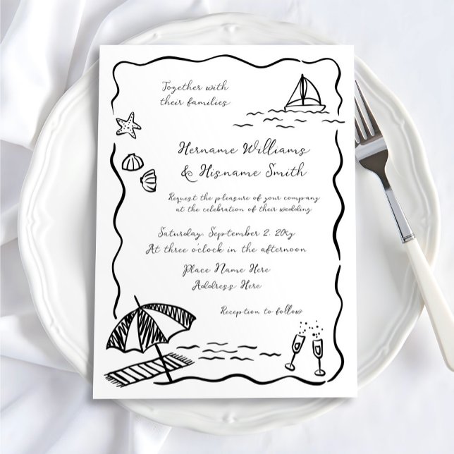Invitación Mano de playa caprichosa Boda blanco negro (Subido por el creador)