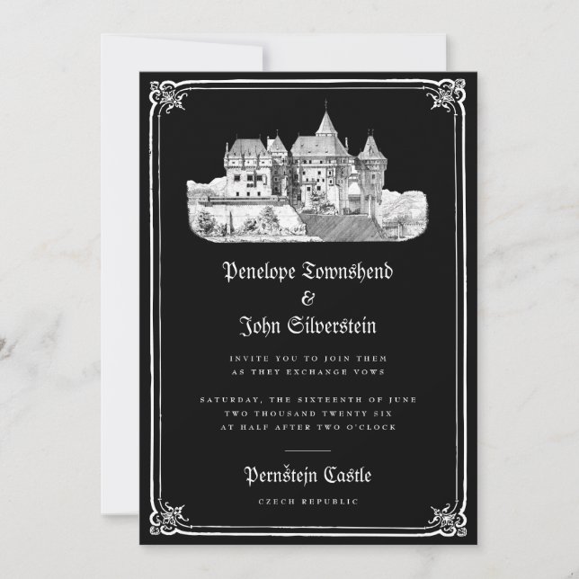 Invitación Mano del Castillo Gótico dibujó Boda negro de bord (Anverso)