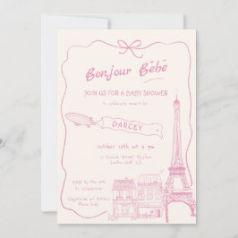 Invitación Mano dibujada Bonjour Bebe Baby Shower rosa francé