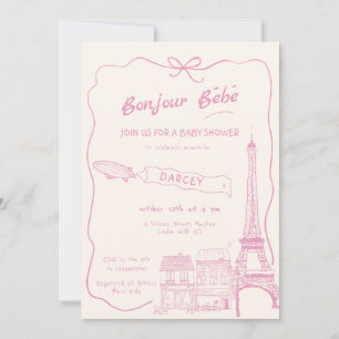 Invitación Mano dibujada Bonjour Bebe Baby Shower rosa francé