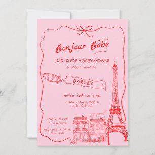 Invitación Mano dibujada Bonjour Bebe Baby Shower rosa francé