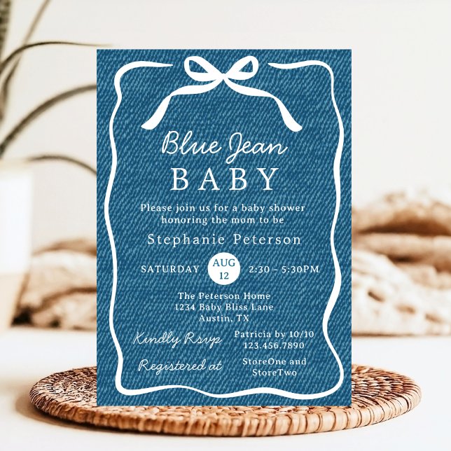 Invitación Mano dibujada Cute Bow Azul simple Jean Baby Showe (Subido por el creador)