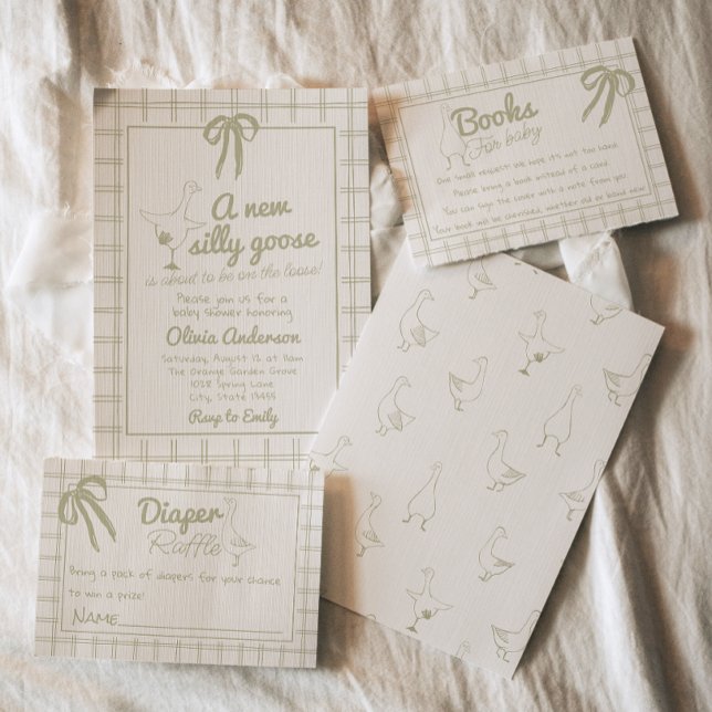 Invitación Mano dibujada Silly Goose Neutral Gingham Baby Sho (Subido por el creador)