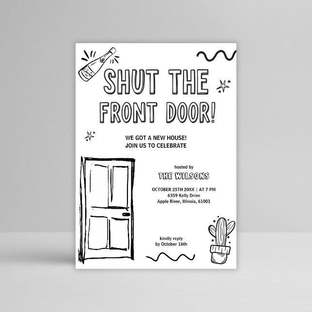 Invitación Mano divertida atrae a nuevo Fiesta doméstico al c (Funny Hand-Drawn Housewarming Invitation – Shut the Front Door New Home Party Printable)