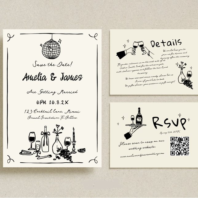 Invitación Mano divertida dibujada Guardar la fecha boda quir (Subido por el creador)