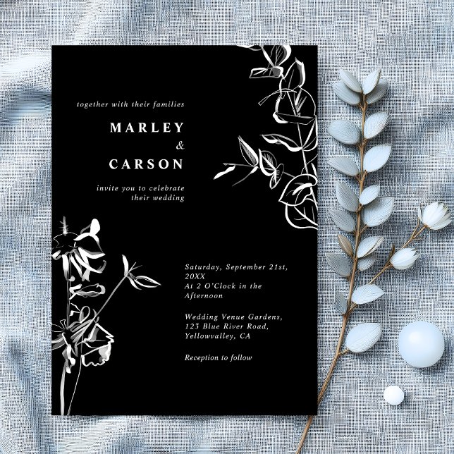 Invitación Mano esbozada de la floral brillante Boda negro (Subido por el creador)