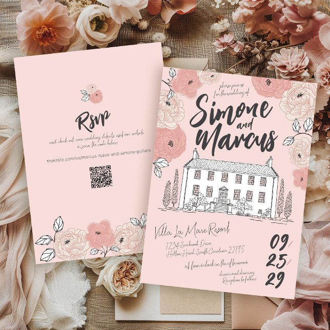 Invitación Mano floral rosa dibujada en una villa toscana úni (Unique hand drawn pink floral quirky Italian villa manor QR elegant illustrated wedding invitation)