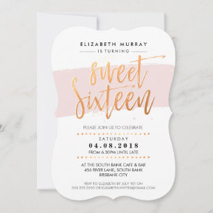 Invitación MANO LETTERED SCRIPT dulce 16 de moda rosa de cobr