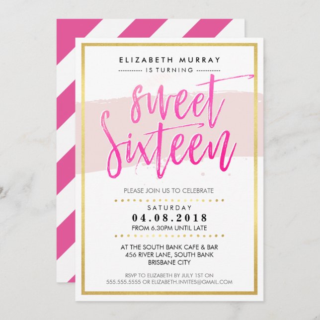 Invitación MANO LETTERED SCRIPT dulce 16 oro rosa caliente de (Anverso / Reverso)