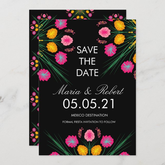 Invitación Mano mexicana dibujada con floral rosa negro salva (Anverso / Reverso)