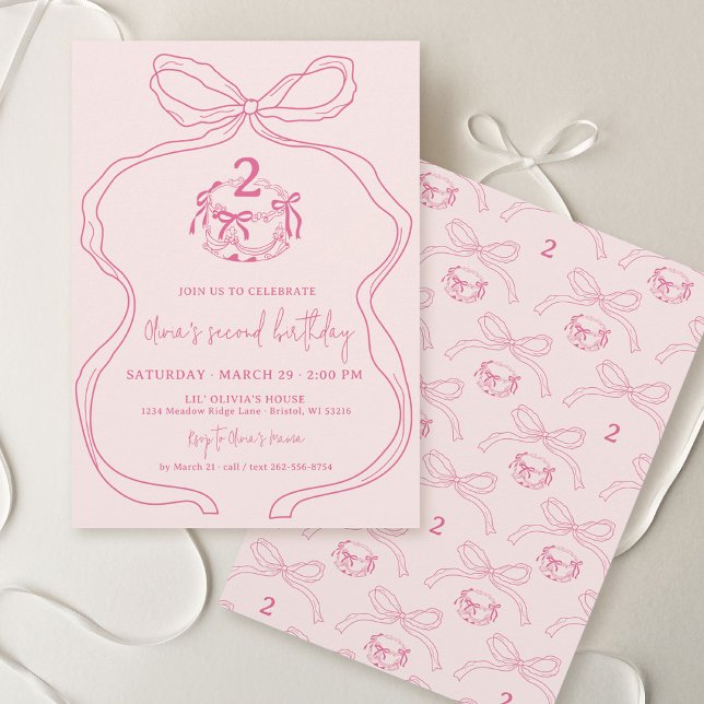 Invitación Mano moderna y suave dibujando Chica rosa segundo  (Cute modern quirky whimsical hand drawn coquette pink bow cake girly girl kids birthday party invite)