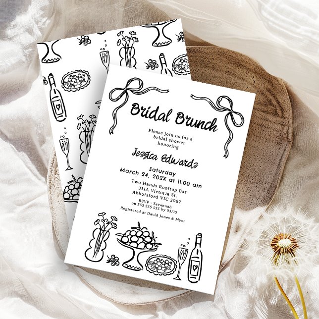 Invitación Mano negra caprichosa ducha Brunch de novia (Whimsical Black Bridal Brunch Bridal Shower Invitation, Pattern Back, Doodle, Food Drink Hand Drawn )