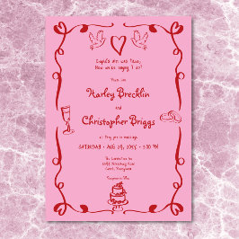Invitación Mano retro caprichosa Boda rojo rosado