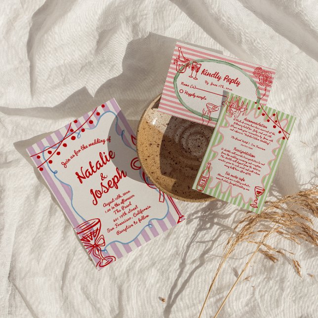 Invitación Mano retro colorida dibujada Boda quirky escrito (Subido por el creador)