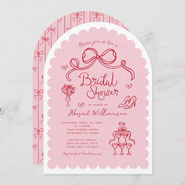 Invitación Mano Retro Rosa Rojo Whimsical Dibujando Ducha Bri (Anverso / Reverso)