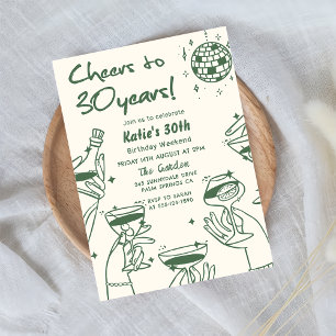 Invitación Mano retro verde dibujada graciosamente 30 cumplea
