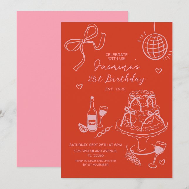 Invitación Mano roja dibujada de lindo cumpleaños rosado (Anverso / Reverso)