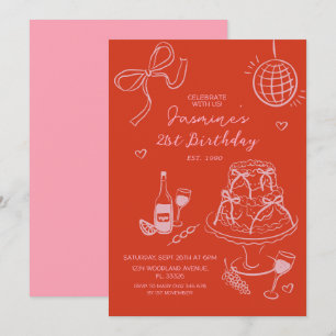 Invitación Mano roja dibujada de lindo cumpleaños rosado