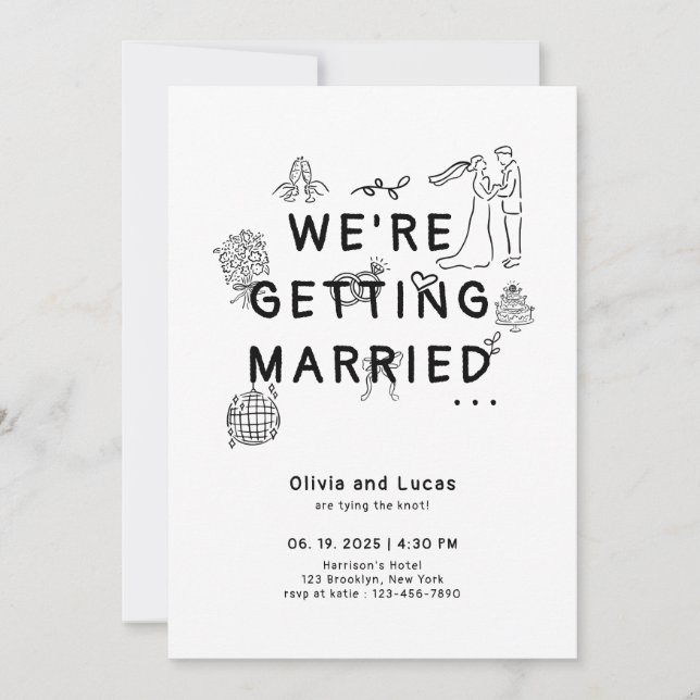 Invitación Mano romántica dibujada por un caprichoso Boda neg (Anverso)