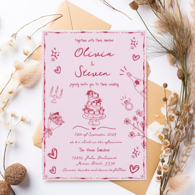 Invitación Mano rosa de moda dibujó Boda de grietas extravaga (Subido por el creador)