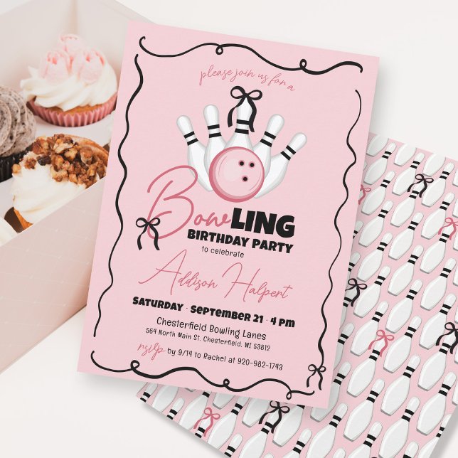Invitación Mano rosa dibujada BOWling arcos fiesta de cumplea (Funny pink black and white BOWling coquette bows girly girl hand drawn birthday party invitation)