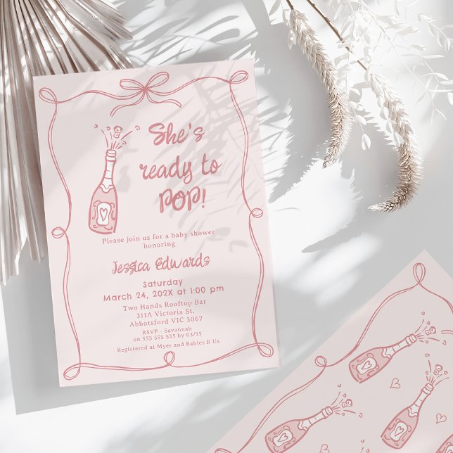 Invitación Mano Rosa Extravagante Preparada Para Hacer Baby S (Pink Whimsical She's Ready To Pop Baby Shower Invitation Hand Drawn Illustration Champagne Bottle )