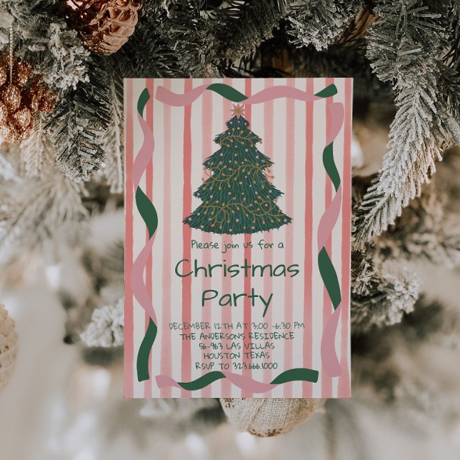 Invitación Mano rosa verde retro dibujó Fiesta de árbol de Na (Subido por el creador)