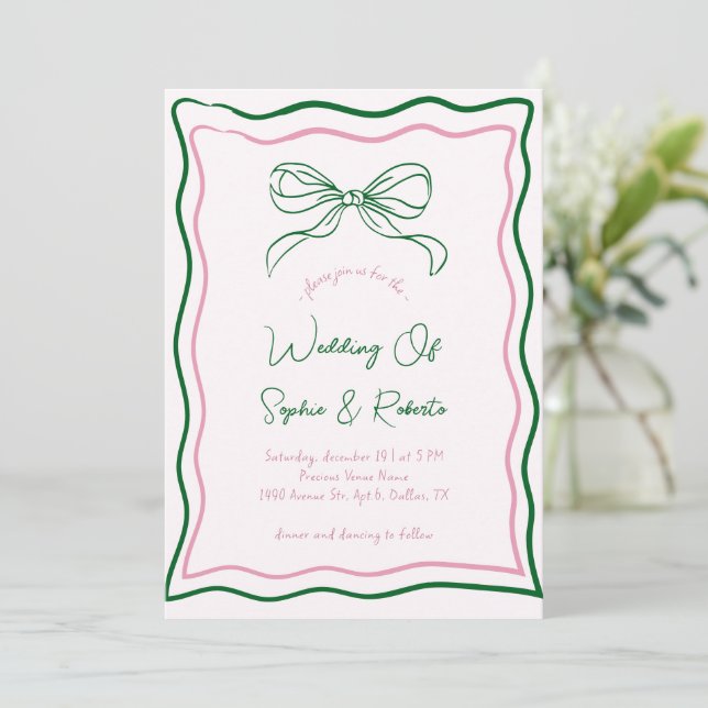 Invitación Mano rosa y verde dibujada retro dobla Boda france (Anverso de pie)