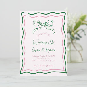 Invitación Mano rosa y verde dibujada retro dobla Boda france