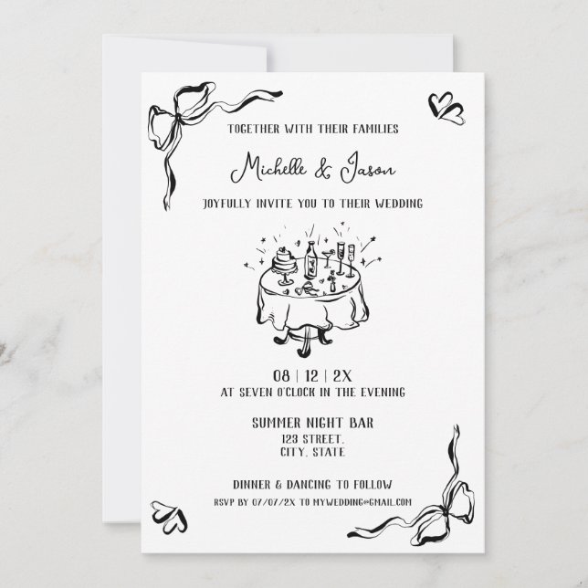 Invitación Mano única dibujada de arco retro francés contempo (Anverso)