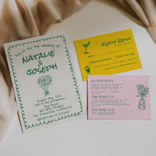 Invitación Mano verde retro dibujada Boda de diversión quirky