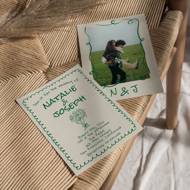 Invitación Mano verde retro dibujó Boda de fotos florales ext (Subido por el creador)