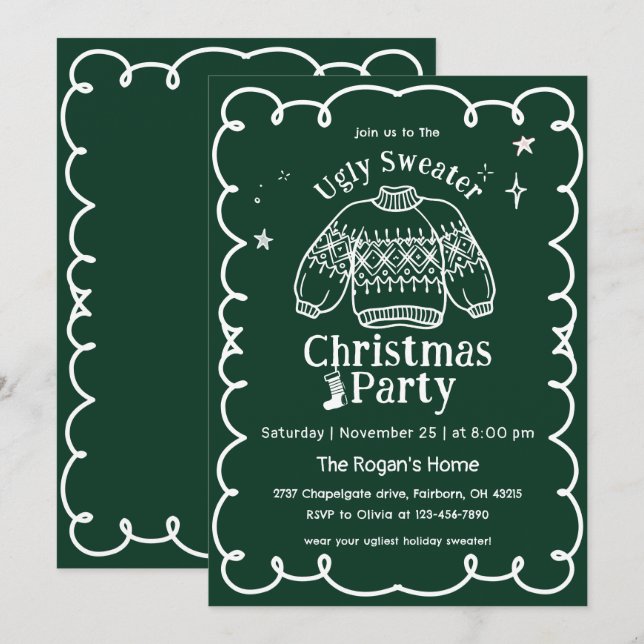 Invitación Mano verde y blanca dibujó Navidades suéteres feos (Anverso / Reverso)