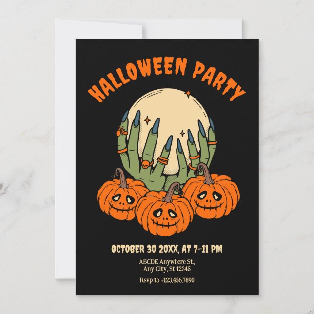 Invitación Manos de bruja con calabaza halloween (Anverso)