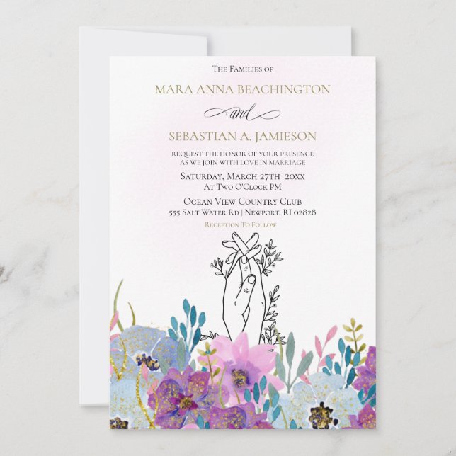 Invitación *~* Manos de mano Purpurina Boda de Flores Rosa (Anverso)