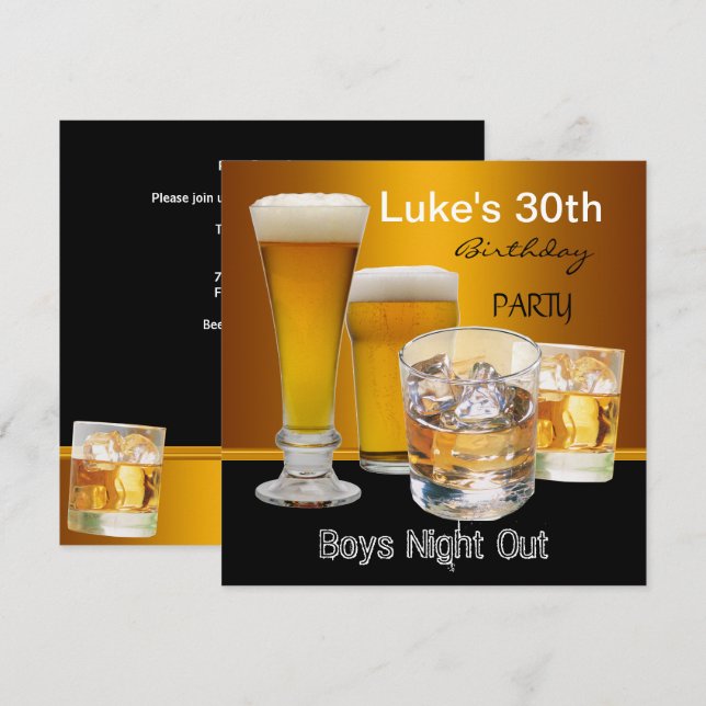 Invitación Mans 30.º Fiesta de cumpleaños bebe cerveza de noc (Anverso / Reverso)