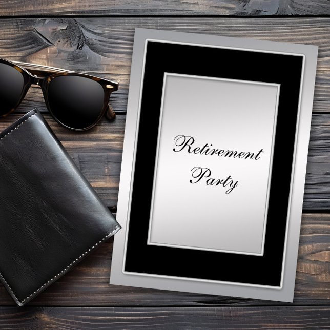 Invitación Mans Black Silver Retirement Fiesta (Mans classic retirement party invitation. All text, font and wording can be changed for your event.)