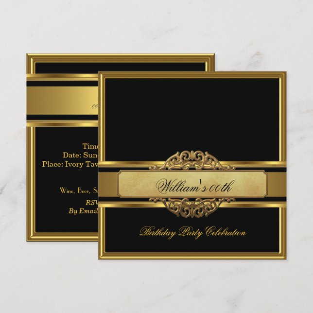 Invitación Mans Elegant Black Gold Party Mens (Anverso / Reverso)