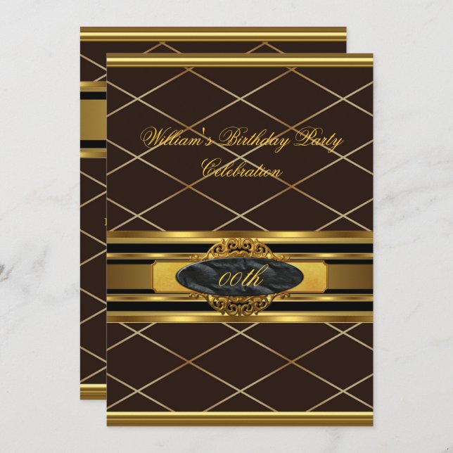 Invitación Mans Elegant Brown Gold Birday Party (Anverso / Reverso)