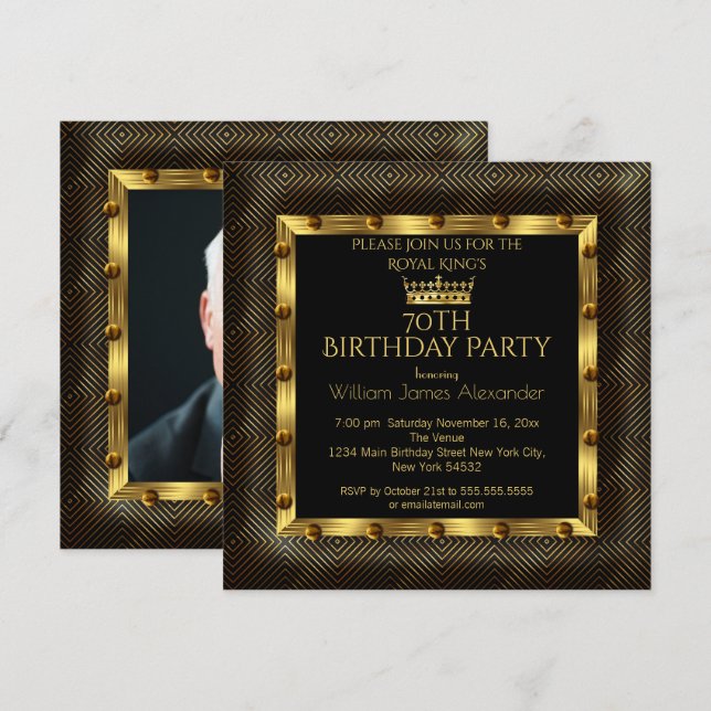 Invitación Mans Photo 70th Birthday Party Crown Gold Chevron (Anverso / Reverso)