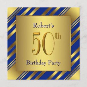 Invitación Mans Royal Blue y Gold Fiesta de cumpleaños 50
