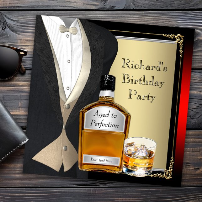 Invitación Mans Whiskey Birthday Party (Mans whiskey birthday party invitation. All text can be changed.)