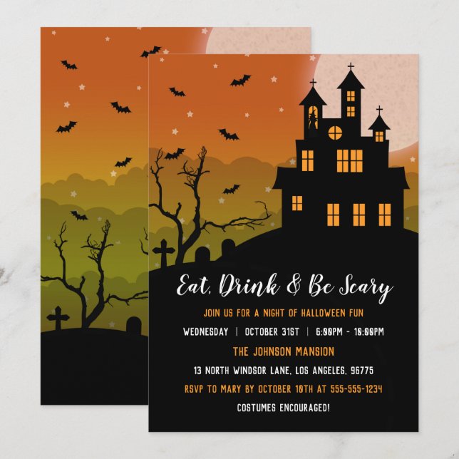Invitación Mansión embrujada come bebida y da miedo Halloween (Anverso / Reverso)