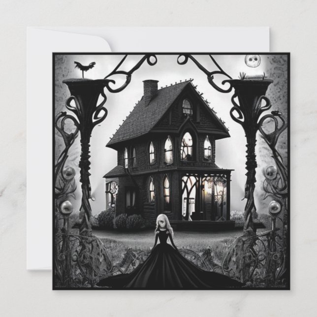 Invitación Mansión embrujada y Halloween de mujer gótica (Anverso)