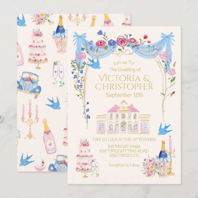 Invitación Mansión Francesa Castillo de Boda Caprichosa (Anverso / Reverso)