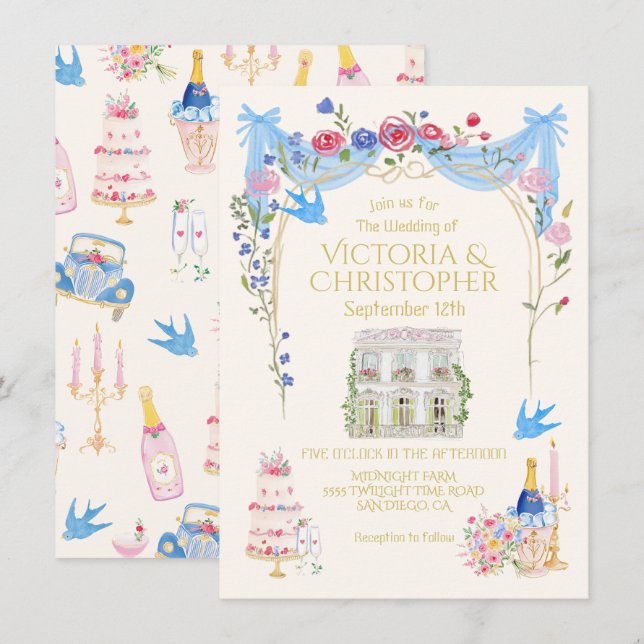 Invitación Mansión Francesa Castillo de Boda Caprichosa (Anverso / Reverso)