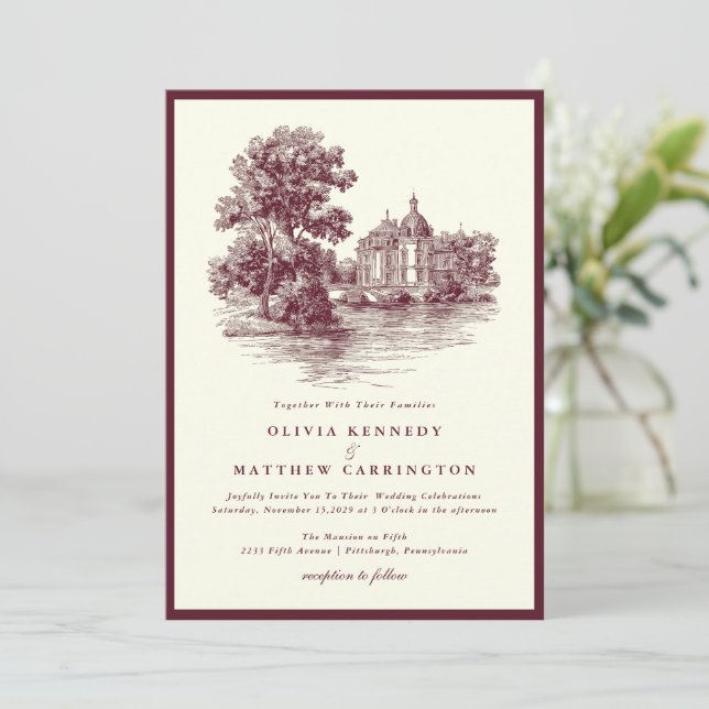 Invitación Mansion Venue Old Money Aesthetic Burgund Wedding  (Anverso de pie)