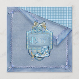 Invitación Manta Azul Vintage Bootie Cuadros Azul Marrón Bebé