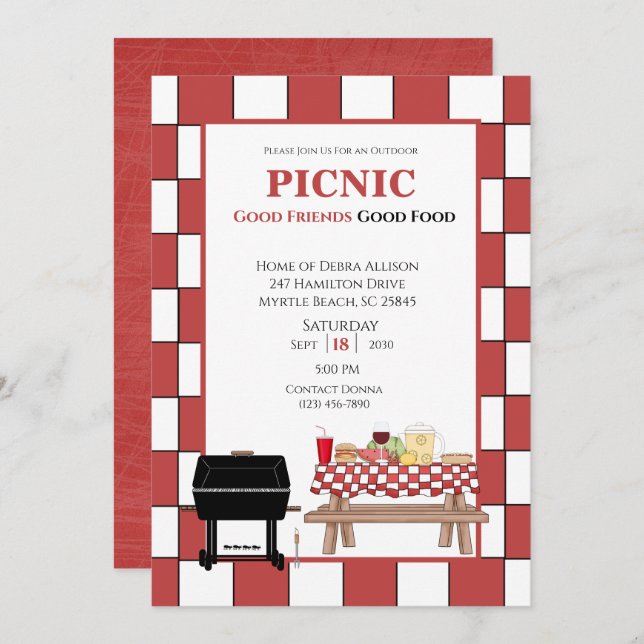 Invitación Mantel de mesa rojo picnic BBQ parrilla al aire li (Anverso / Reverso)